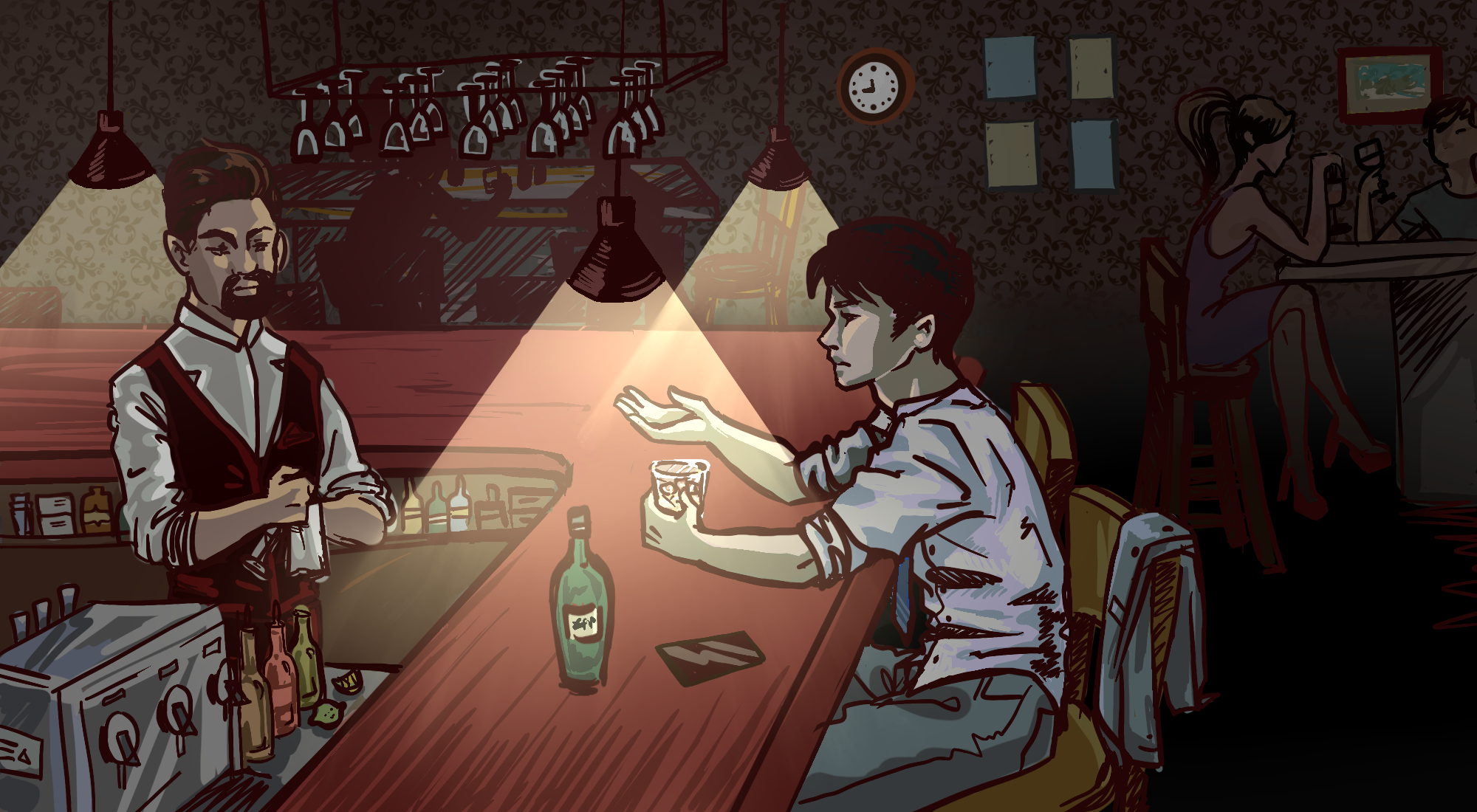 Lexicon memory scene depicting bar where asian man is talking to bartender